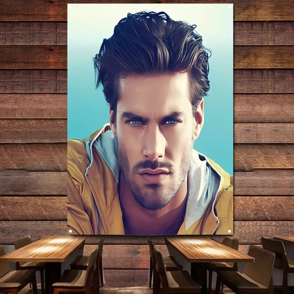 Semi long and Slicked Back Hairstyle for Men Posters & Print Flag Digital Printing Hairstyling Barber Shop Wall Decor Tapestry