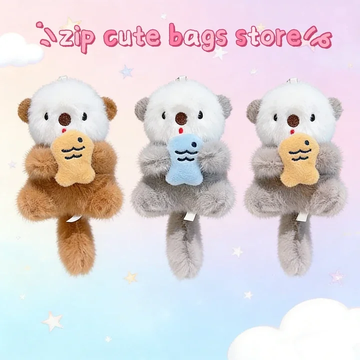 Cute Otters Holding Fish Plush Pendant Keychain Backpack Keyrings Pendant Bag Key Wallet Pendant Wholesale