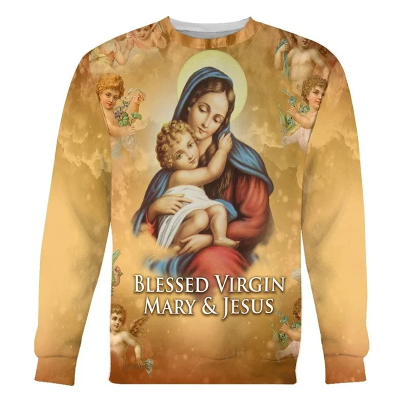 Newest Blessed Virgin Mary Casual 3D Print Sweatshirt Men Women Vintage God Jesus Crew Neck Hoodies Casual Men Clothing Pullover