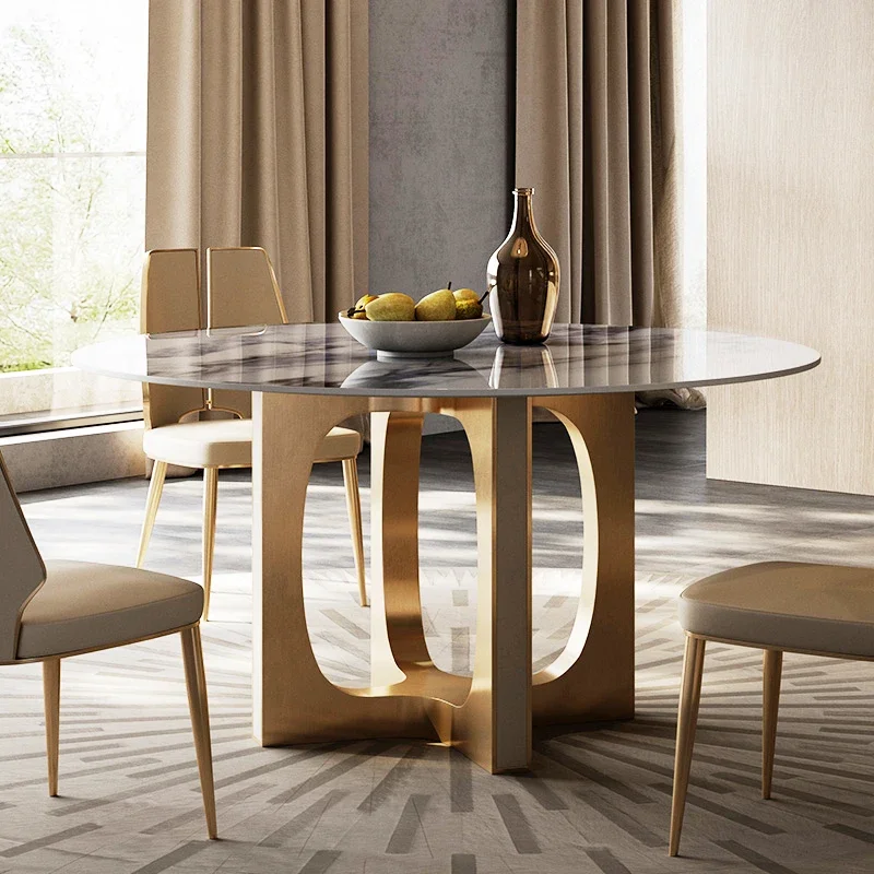 Light luxury villa natural marble dining table Nordic modern dining room stainless steel leg round shape dining table for villa