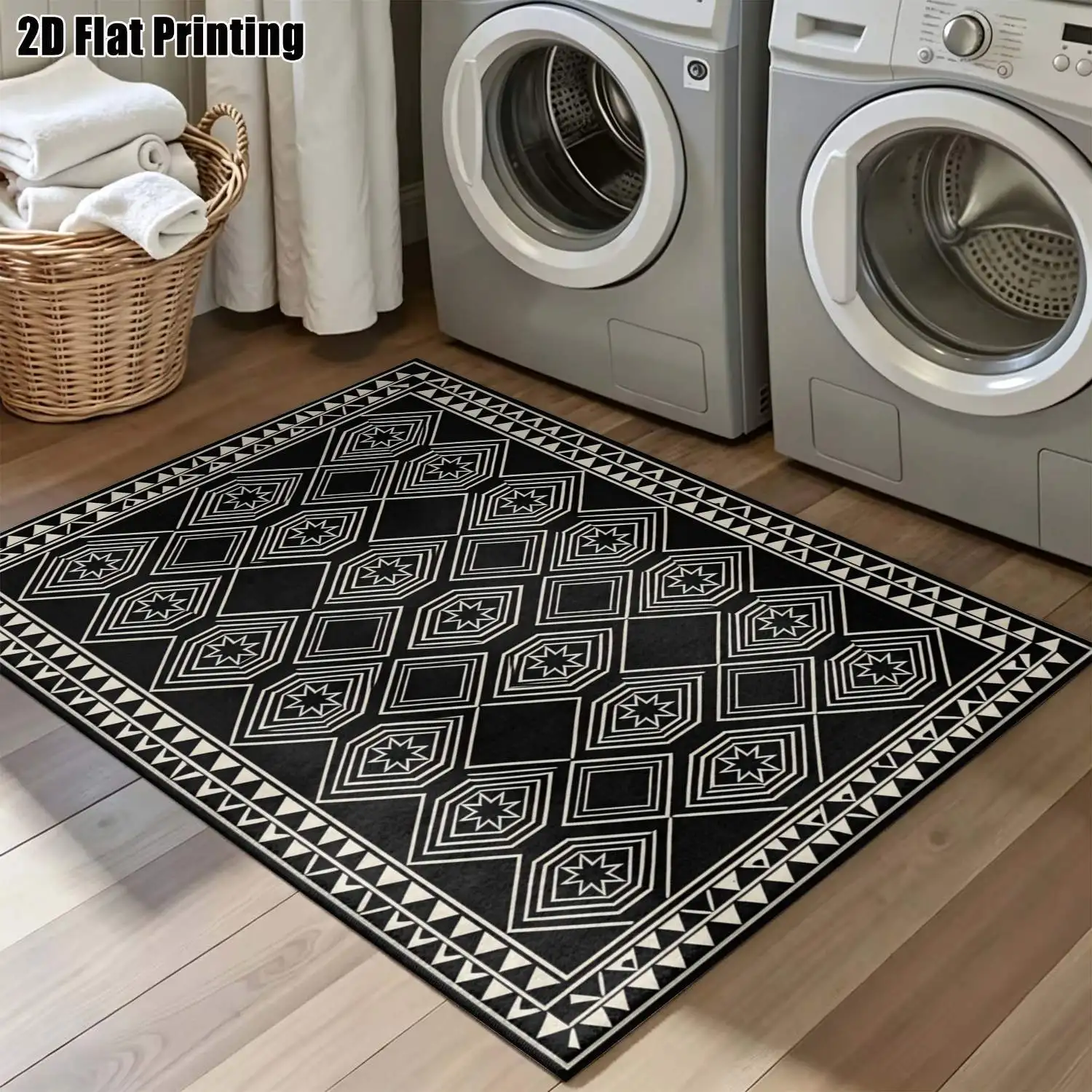 1Pc 2D Printed Black White Geometric Star Pattern Carpet, Modern Simple Bohemian Geometric Decor Carpet, Multi-Size Machine Washable, for Home Decoration Entrance Dining Bedroom Study Living Room