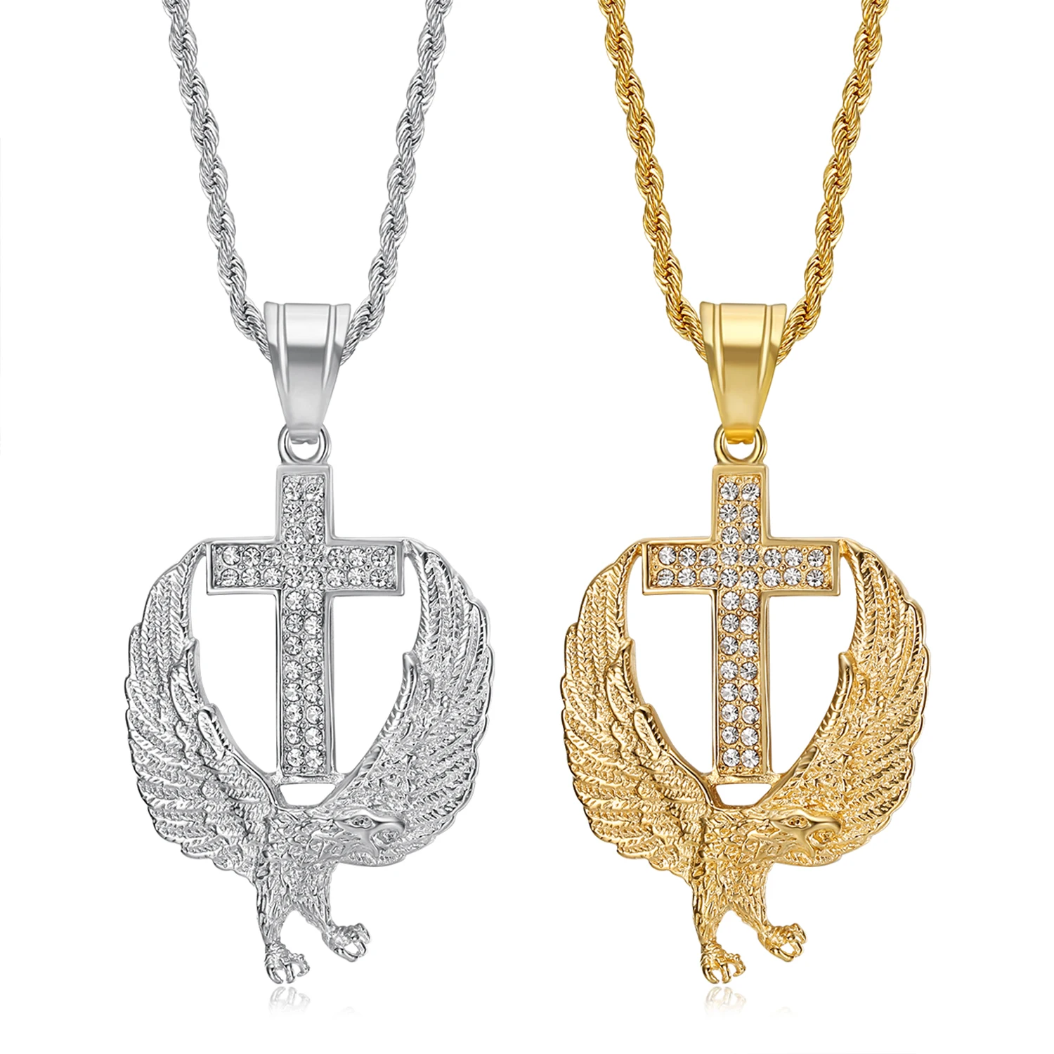 

Iced Out 18k Gold Plated Eagle Wings Cross Pendant Necklace Stainless Steel Waterproof Hip Hop Jewelry for Men Gift