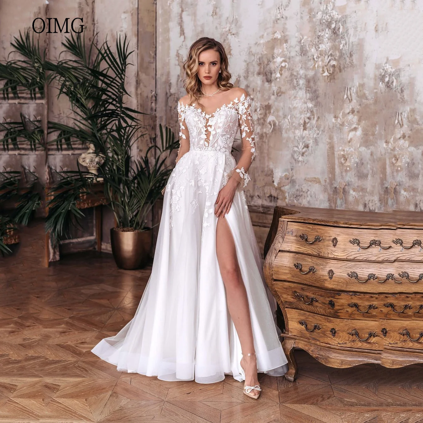 OIMG Elegant A-line Wedding Dress V Neck Bride Dresses Lace Side Split Floor Length Wedding Gown vestidos para mujer Customized