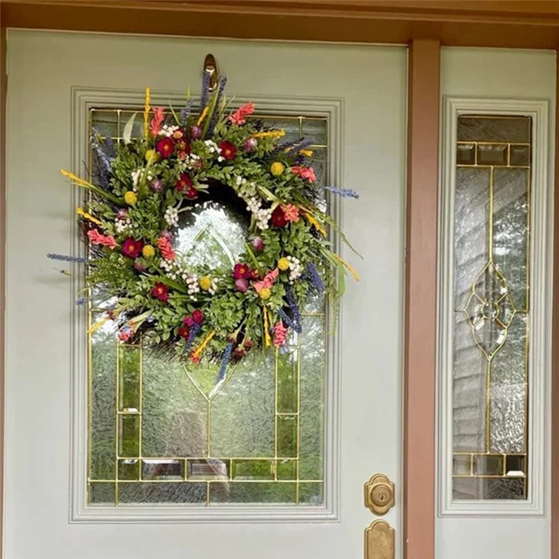 ABNP Ghirlande primaverili per porta d'ingresso 18 pollici all'aperto Benvenuto Fiori estivi Verde resistente alle intemperie Ghirlande rotonde per tutte le stagioni