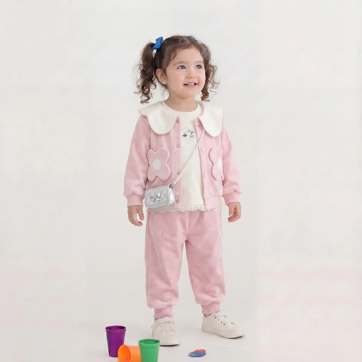 Korean Style Baby Girls Floral Pocket Three Piece Set 2026 Hot Korean Style Super Pretty for Going Out Great for Walking