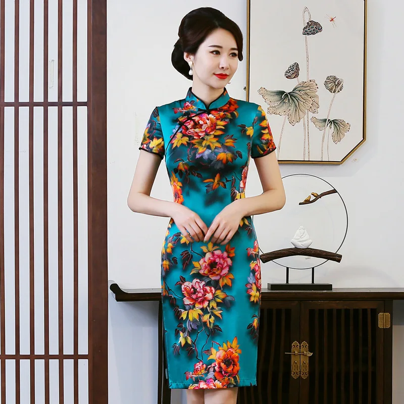 Spring and Summer New High Quality Real Silk Printed Short Sleeve Retro Improved Cheongsam Qipao Women's Dress