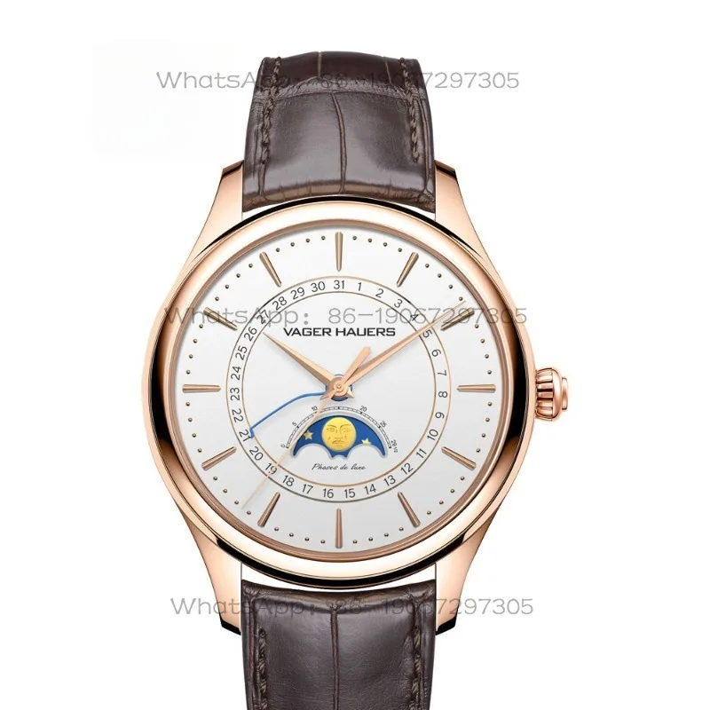 Watch Men's Mechanical Watch, Fully Automatic Moon Phase Four-pin Coaxial Calendar, Genuine Leather with Waterproof Men's Watch