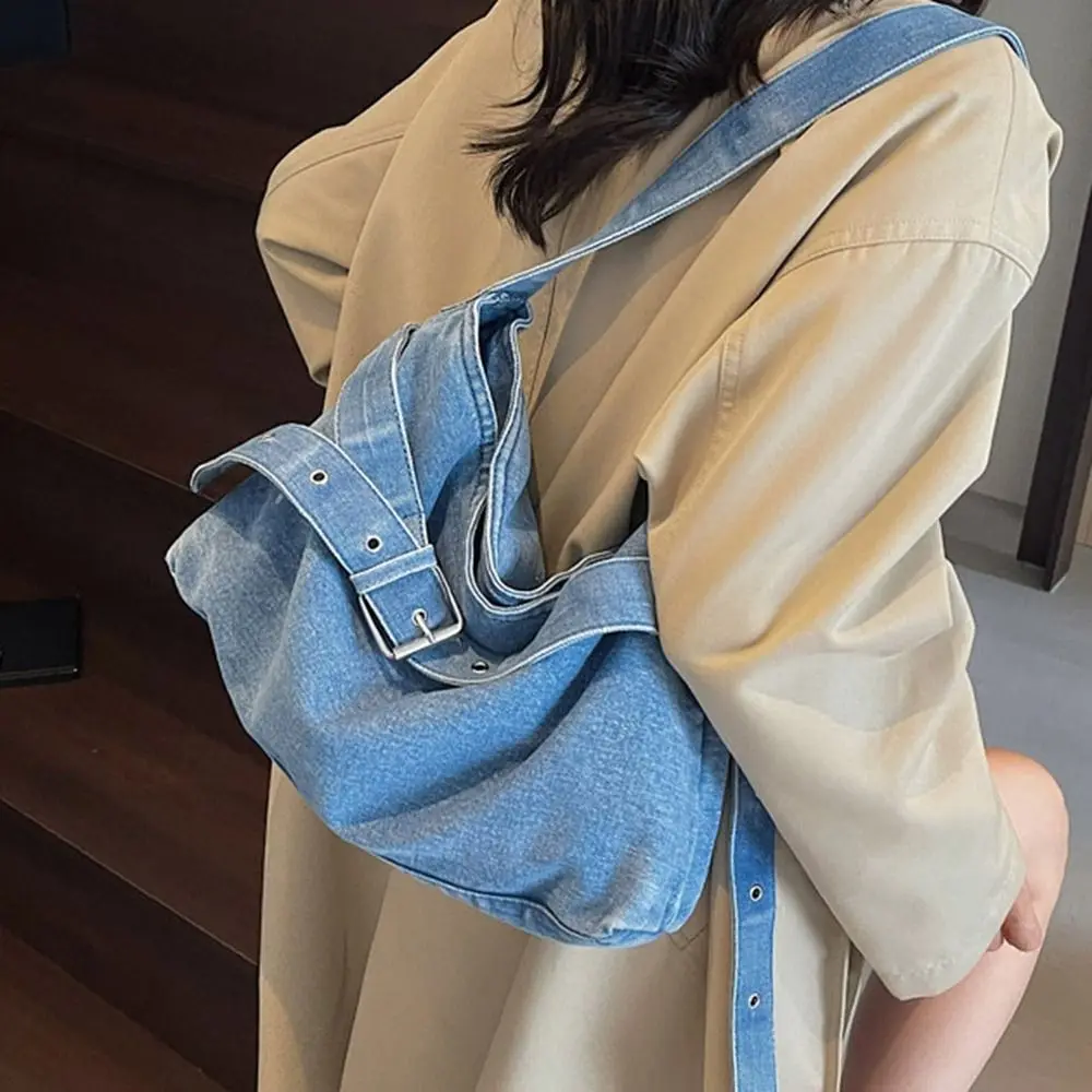 

Casual Korean Style Denim Tote Bag Tote Bag Solid Color Large Capacity Handbag PU Leather Large Capacity Underarm Packs Girls