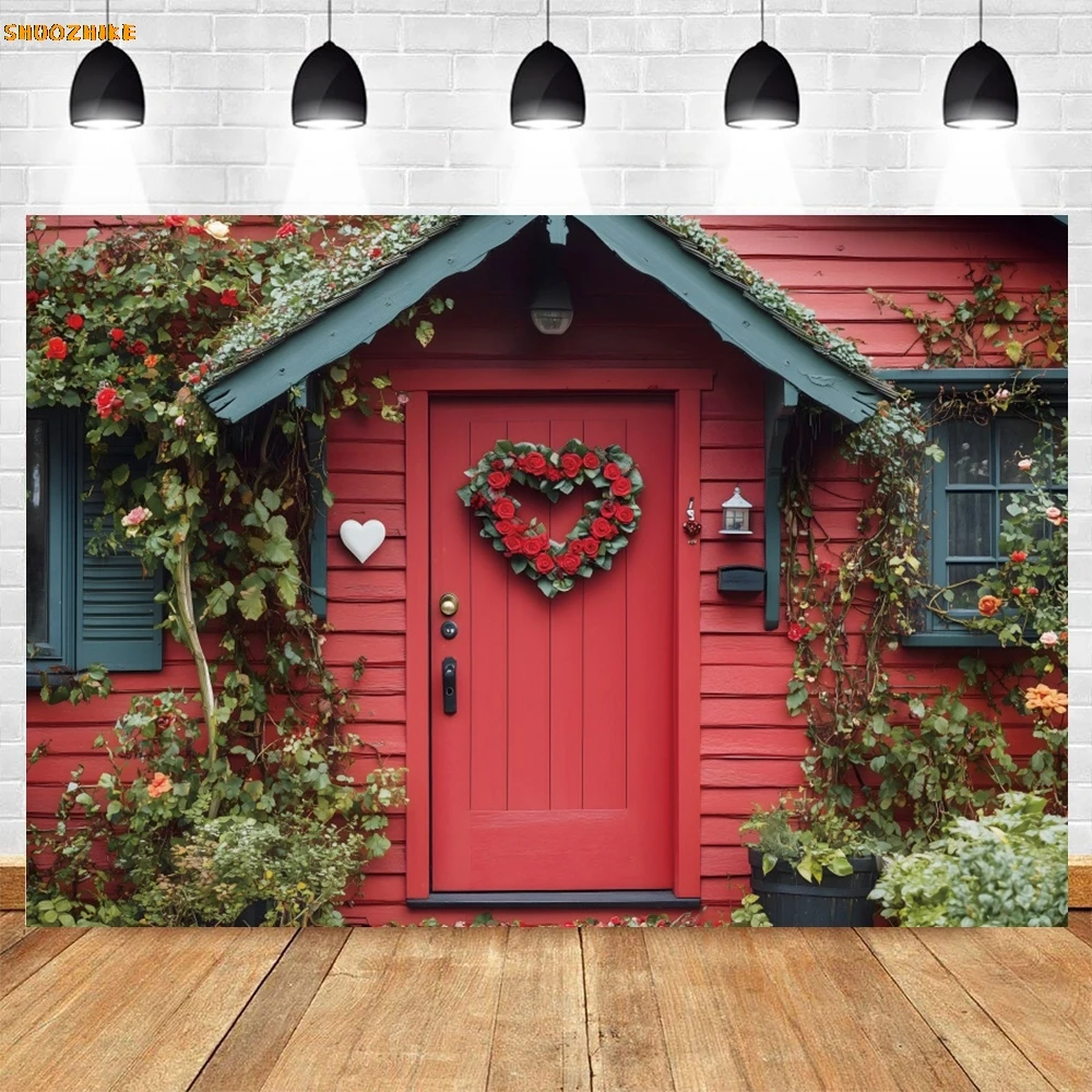 Fondo romántico del Día de San Valentín flor rojo amor corazón casa puerta de madera pareja retrato boda fiesta fotografía fondo