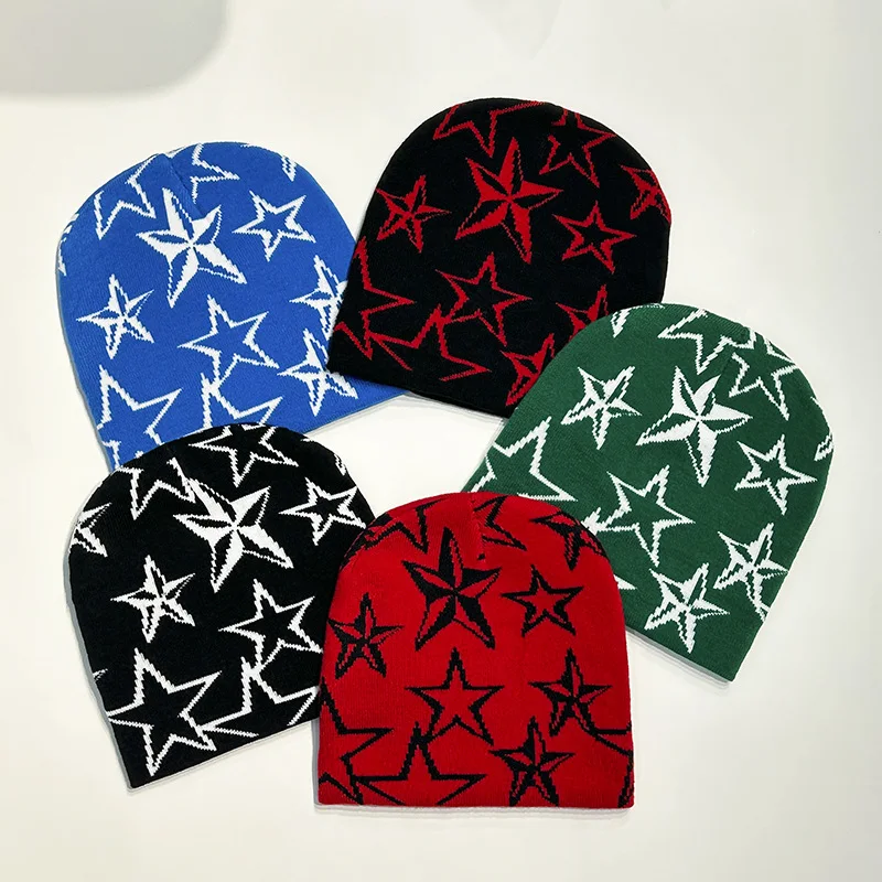 Fashion Autumn Winter Star Pentagram Knitted Hat Vintage Men and Women Y2K Woolen Hip Hop Beanie Hat Outdoor Sports Warm Cap