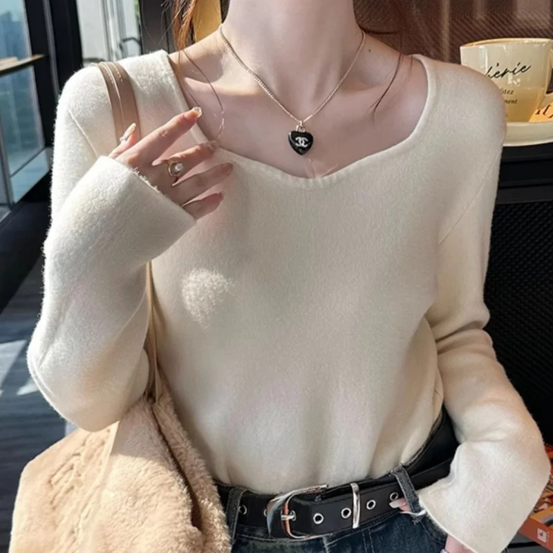 Lady Trendy Solid Lined Long Sleeve Knit Base Layer Top Stretch Thermal Sweater Versatile Basic Women Fall Winter Pullover