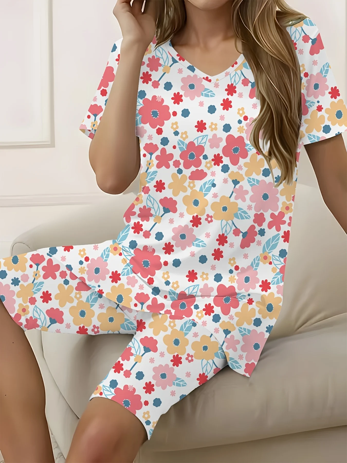 

Printed Design casual style Floral Print With Pink Yellow And Blue Flowers women's pants suit