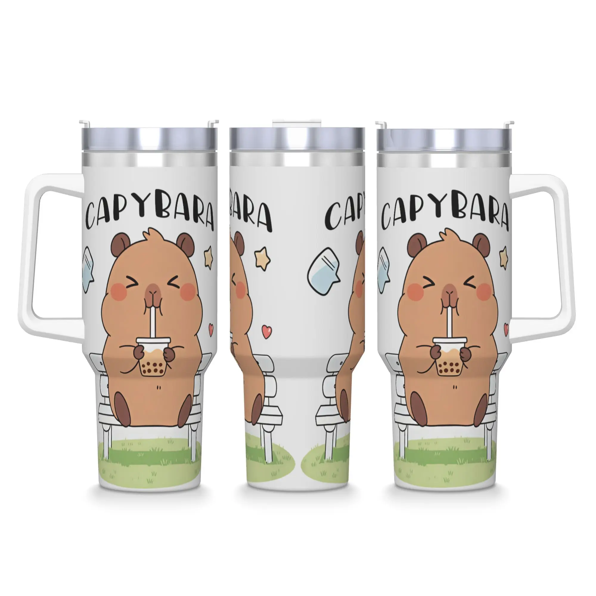 Stainless Steel Tumbler Capybara Sits On Bench Drinking Bubble Tea Cartoon Coffee Mug Leakproof Hot Drinks Mugs Cup Water Bottle