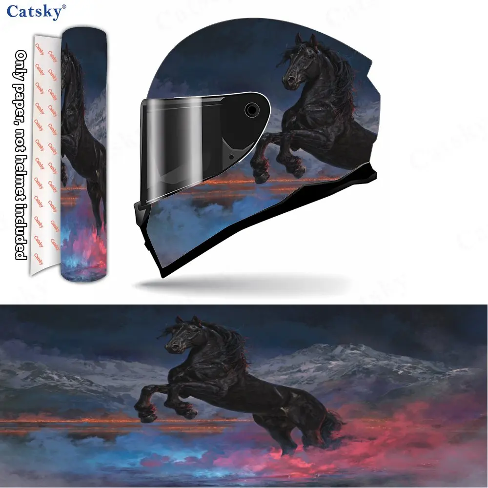 Black Steed with Colorful Flame Print Helmet stickers , PVC Material Multifunctional Helmet Stickers, Scratch-Resistant & Fade-P