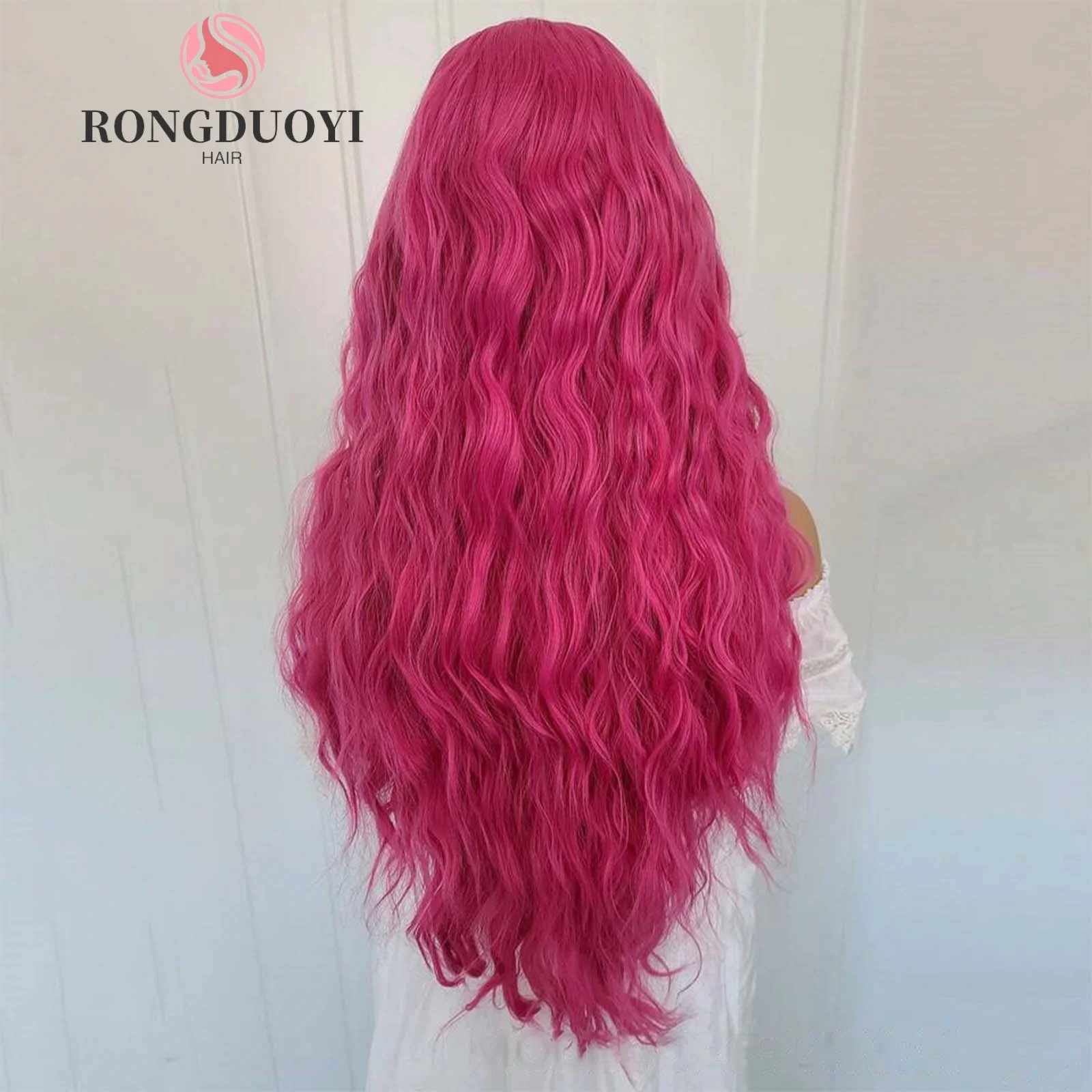 13X4 Rose Red Curly Wig Synthetic Lace Front Wig Natural Wavy Long Hot Pink Colored Hair Lace Frontal Wigs for Women Party Daily