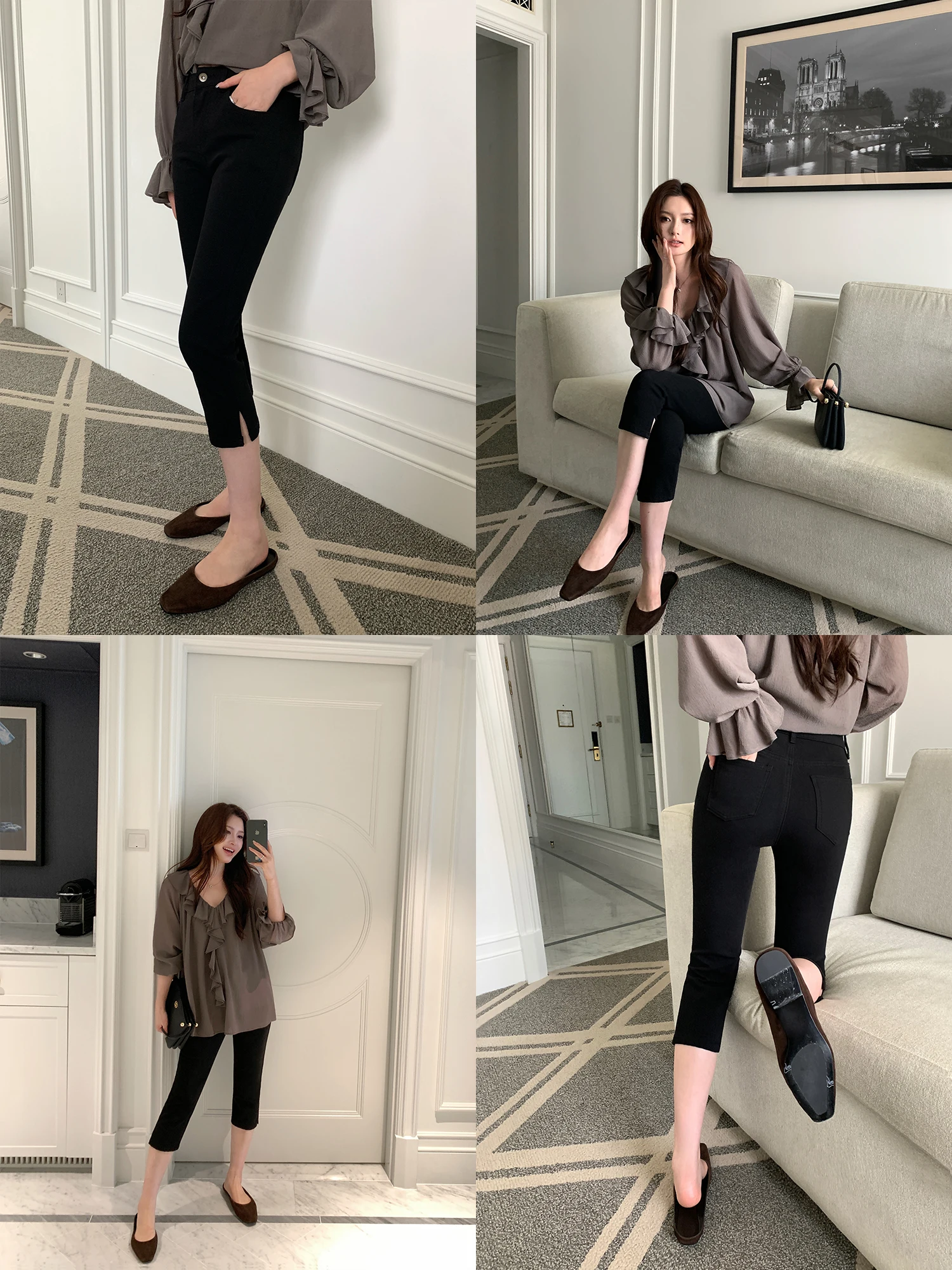 Pusumede Capri Pants Black Slim Fit Denim Seven-Foot Women's Mid-Waist Elastic Slimming Split Pants High Elasticity Pure Color