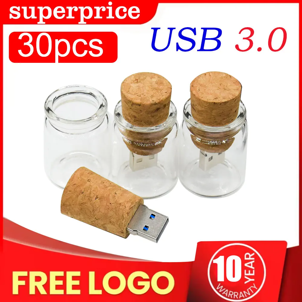 30pcs New arrival messenger bottle usb 3.0 memory stick glass drift bottle usb flash drives 16GB 32GB 64GB wooden cork pendrive