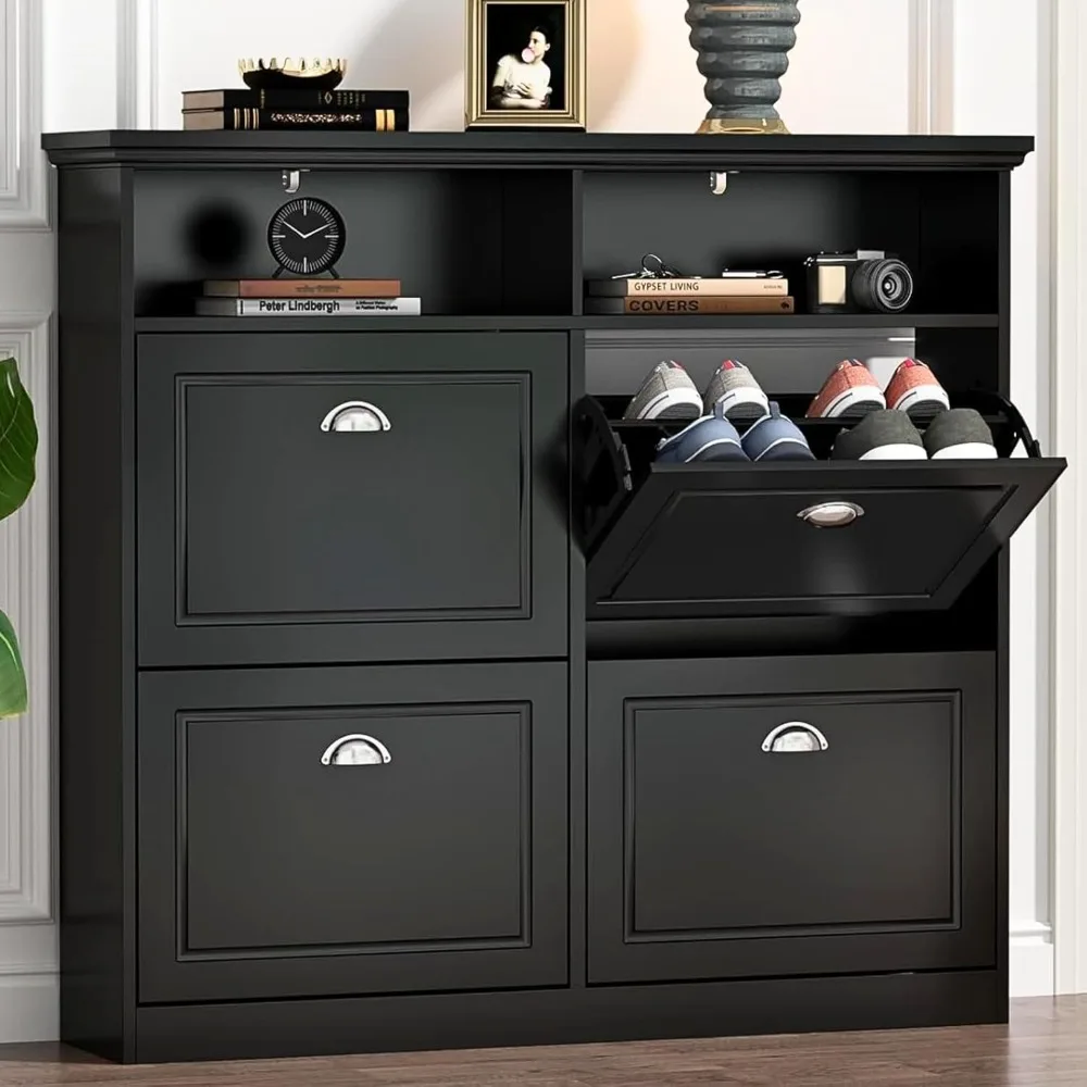 

Shoe Cabinet with 4 Flip Drawers, Freestanding Shoe Storage Cabinet with Open Shelves, Hidden Slim Narrow Shoe Rack Cabinet, Sh