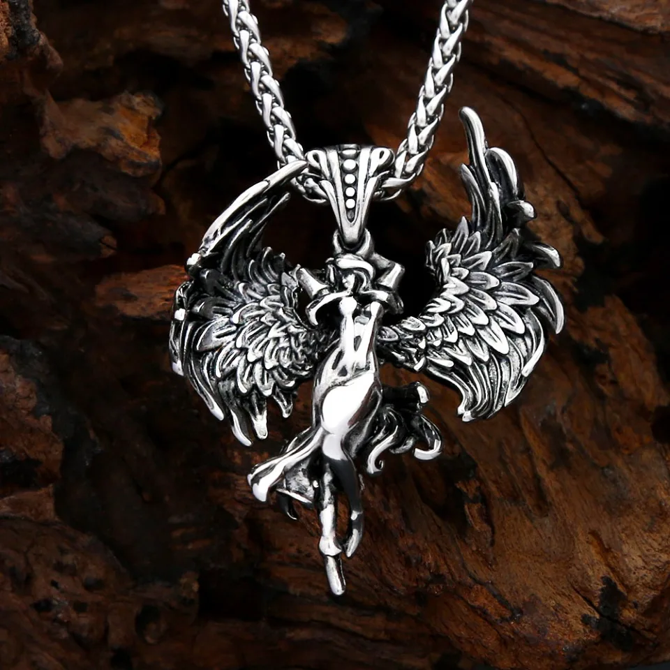 Vintage Gothic Fallen Angel Necklaces For Men Women Stainless Steel Fashion Punk Angel Wings Pendant Personality Jewelry Gift