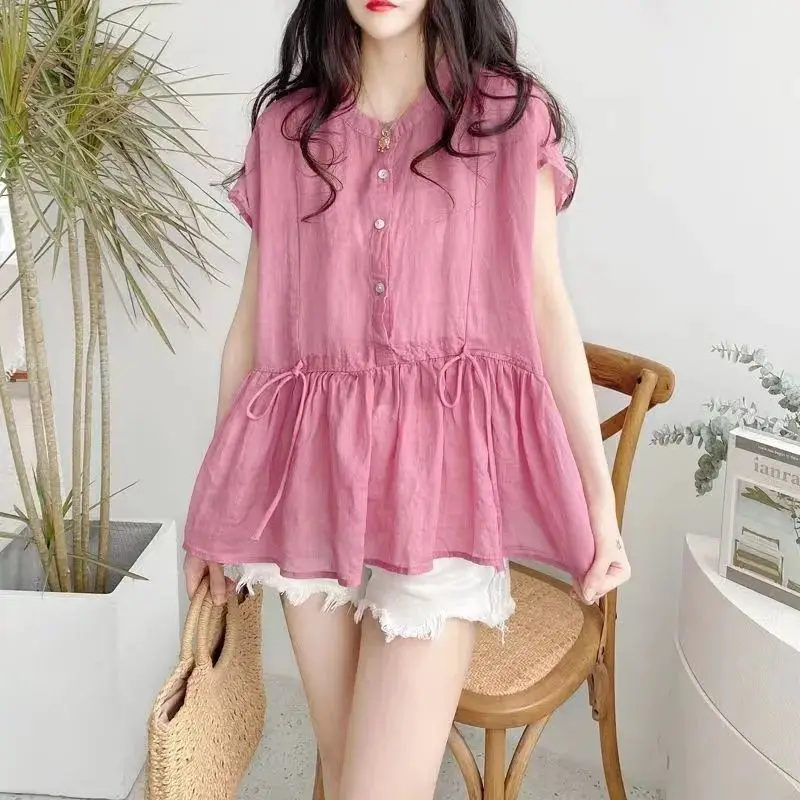 Temperament Button Patchwork Blouse Summer New Short Sleeve Drawstring Loose Solid Thin Blouse Sweet Fashion Women Clothing