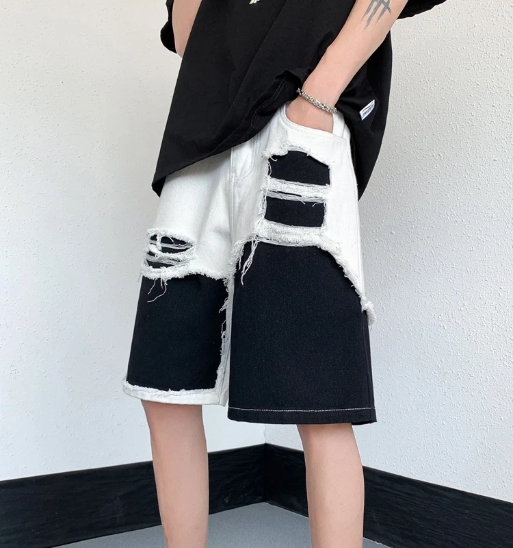 

Bla White Spliced Denim orts Мужские брюки American High Street Vibe Летние модные дизайнерские прямые брюки пять четвертей для мужчин