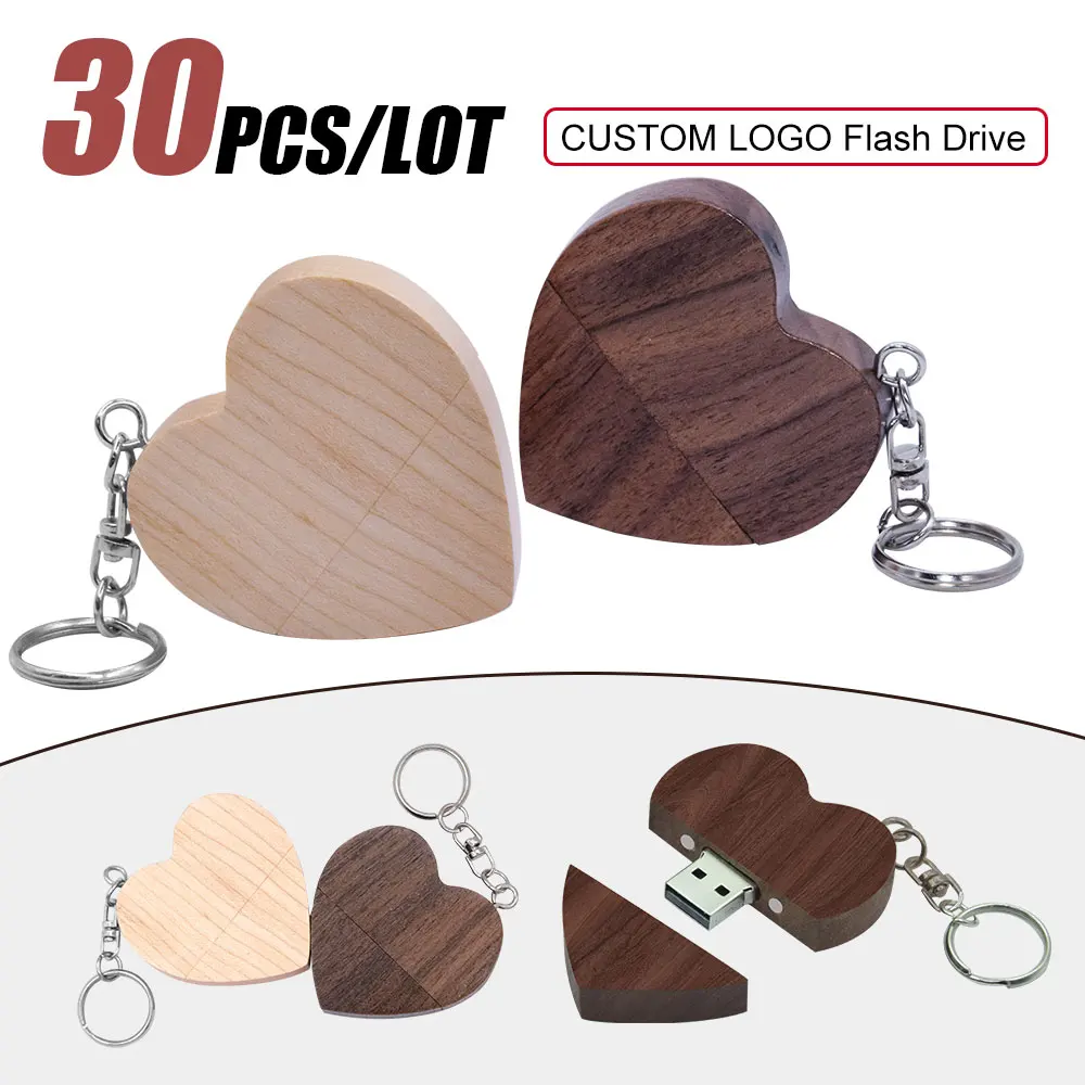 30PCS/LOT Custom Made Free LOGO Pendrive 64GB Wooden Heart USB 2.0 Flash Drive 32GB Photography Gift U Disk 16GB Memory Stick