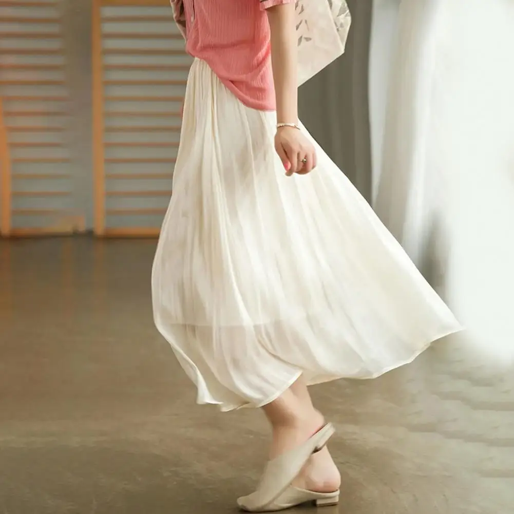 Women Linen Long Skirts Elastic Waist Pleated Maxi Skirts Beach Boho Vintage Summer Skirts