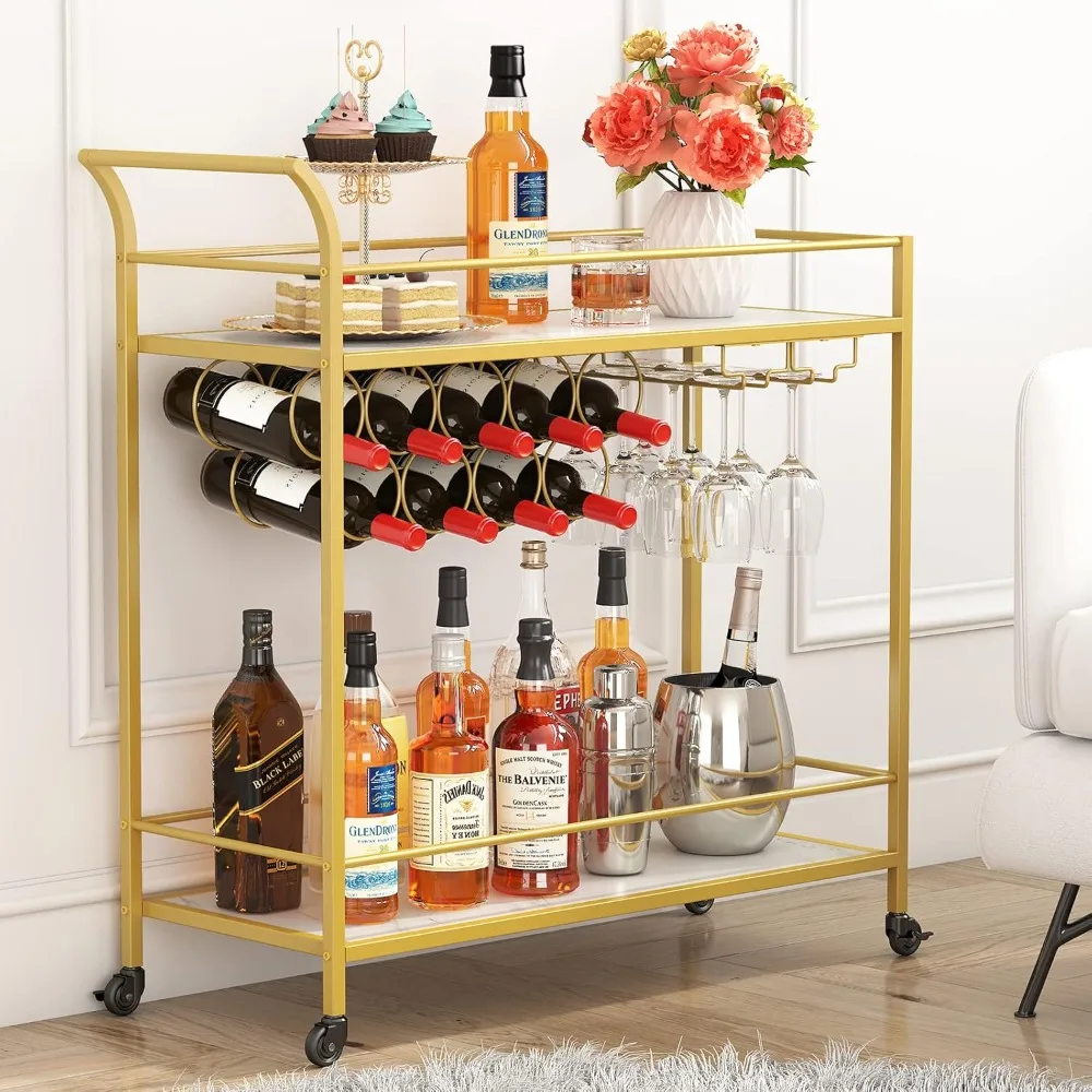 

Bar Car, Family Bar Service Car, 2 Tier Drink Cart with 9 Wine Bottle Racks, Kitchen Restaurant Outdoor Alcohol Cart