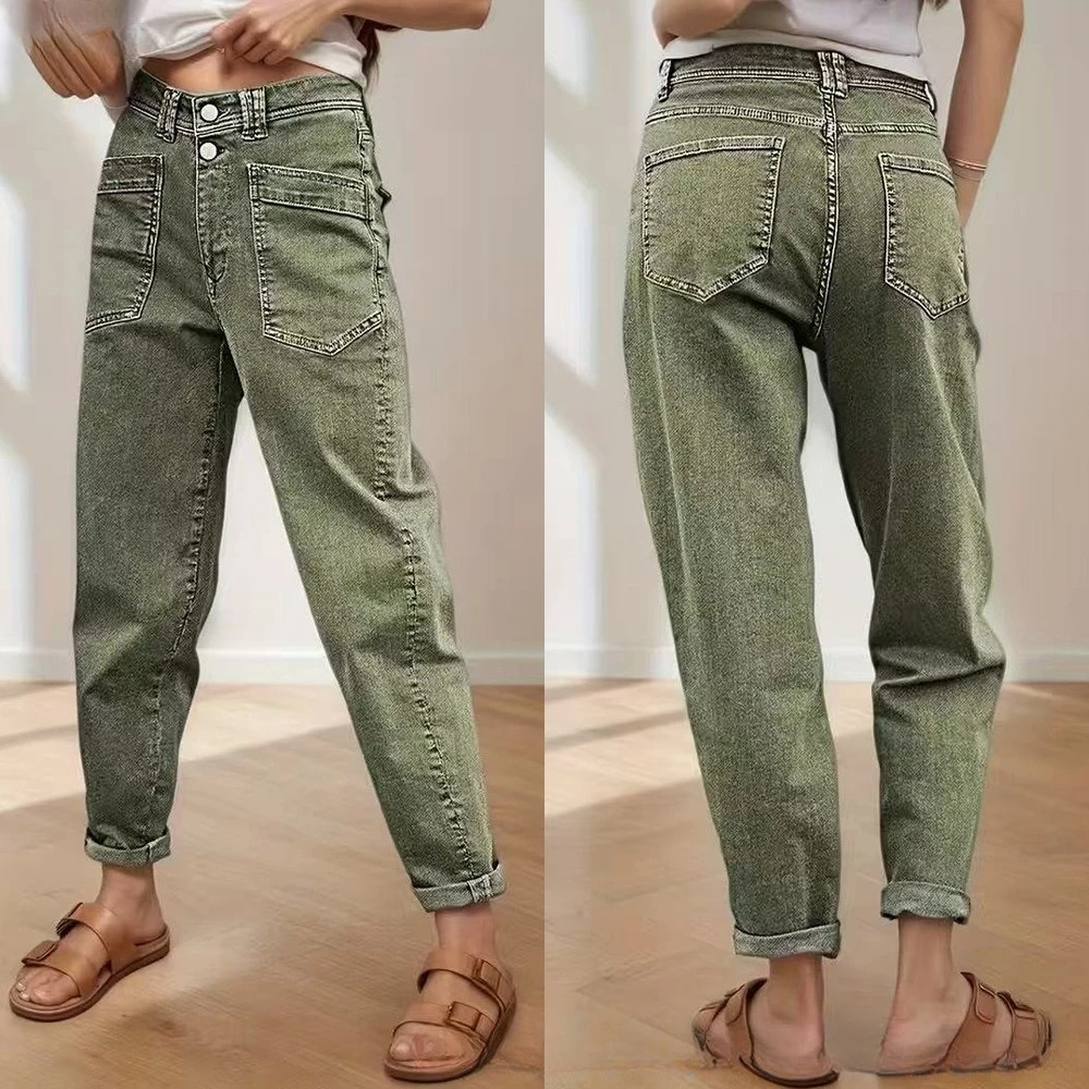 Pants Denim Pant Women Jeans Double Button Vintage Washed High Waist Work Casual Straight Trousers Y2k Streetwear Splice Autumn