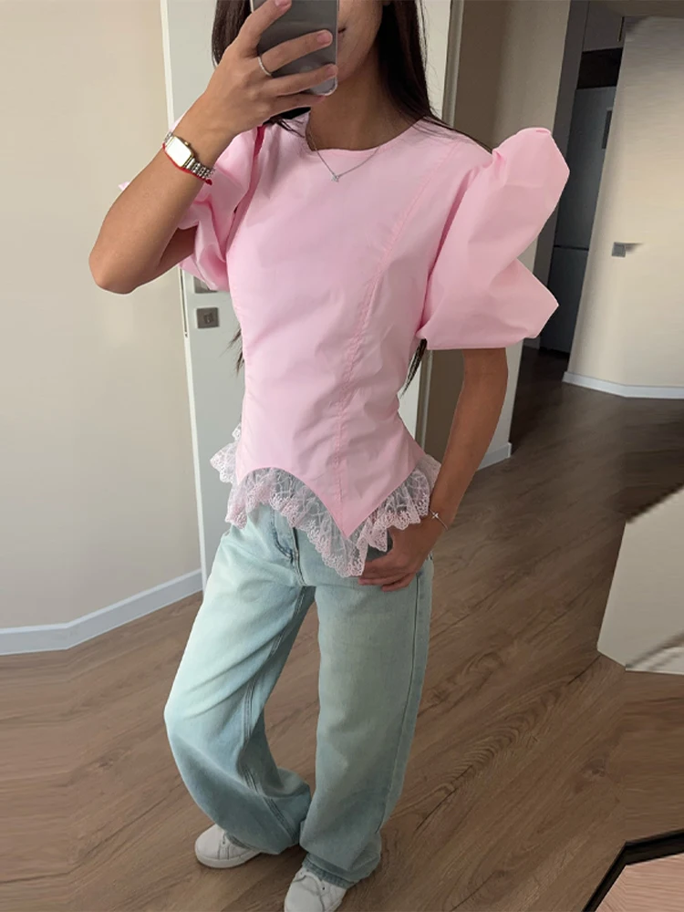 Casual Women's Shirt O-neck Lace Patchwork Short Puff Sleeve Waist-closed Female Shirts 2026 Spring Summer Chic Lady Top