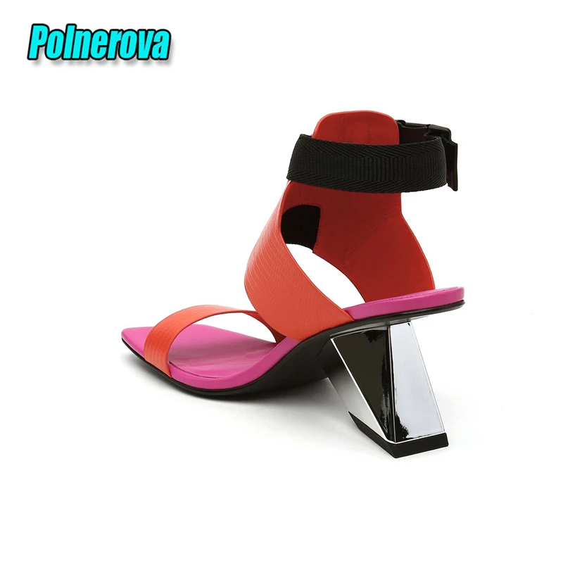 Summer New Mixed Colors High Heels Fashion Square Toe Ankle Buckle Strange Heel Sandals European American Genuine Leather Shoes view 4