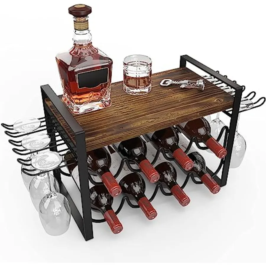 

Wine Rack for Countertop, Metal Tabletop Wine Holder, Natural Wood 8 Wine Bottles Storage Shelf Stand with Wood Tray 6 Glasses