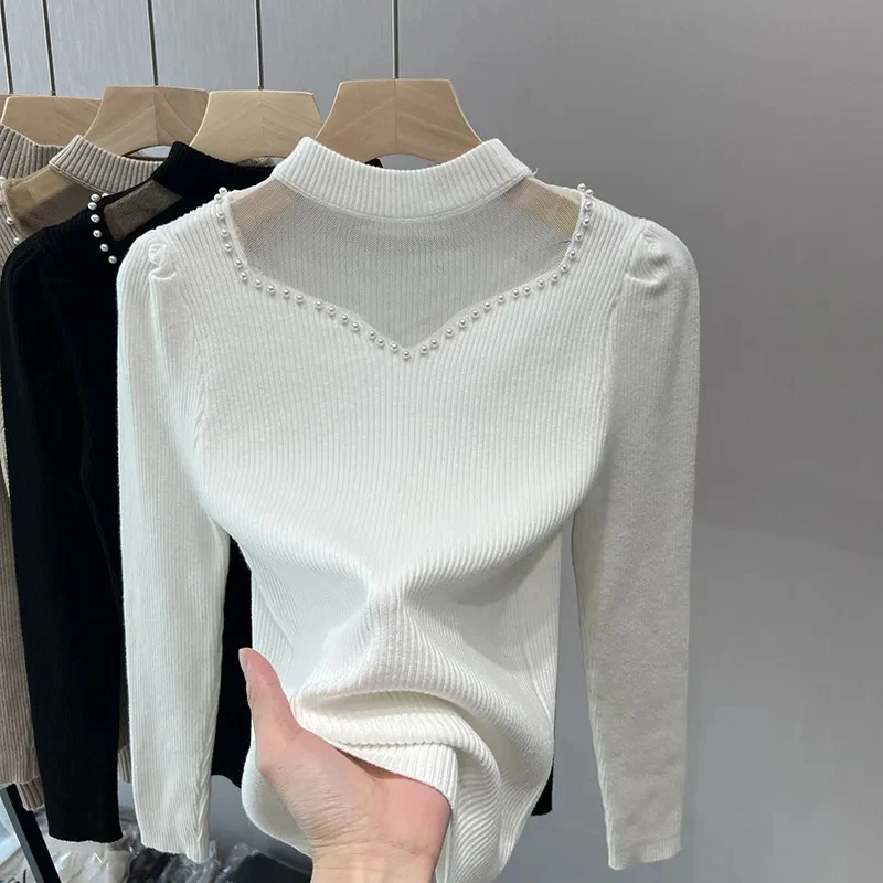 Autumn Winter Women Beading Sweater Fashion Elegant Mesh Knitted Jumper Female Solid Color All-match Half Turtleneck Pullover