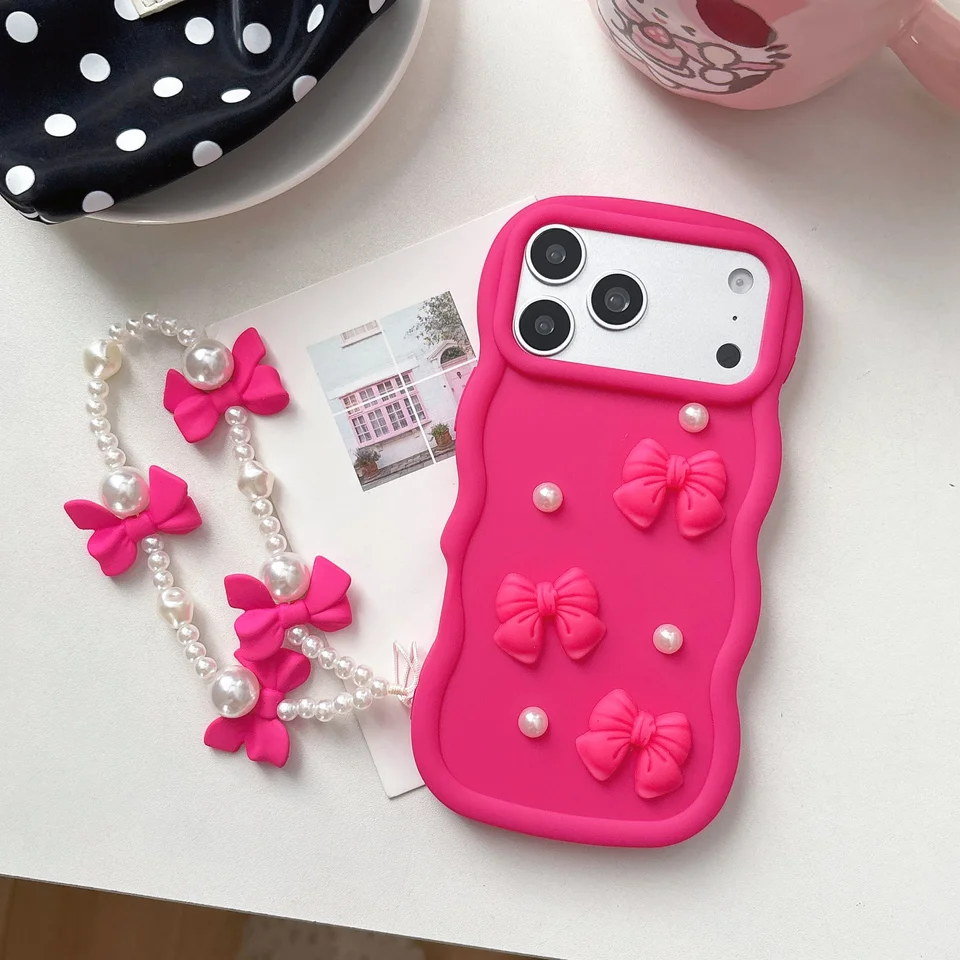 Funda Coreana 3D de Silicona con Moño y Perlas para iPhone 17 Air 16 15 14 13 12 11 Pro X XS XR Max 7 8 Plus con Cordón 3