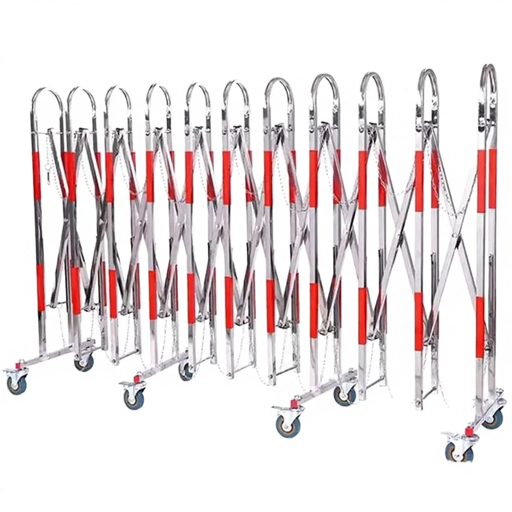 【Durable Using】Stainless Steel Bollard Traffic Barrier Retractable Mobile Safety Roadblock Casters Telescopic Guardrail Lighted