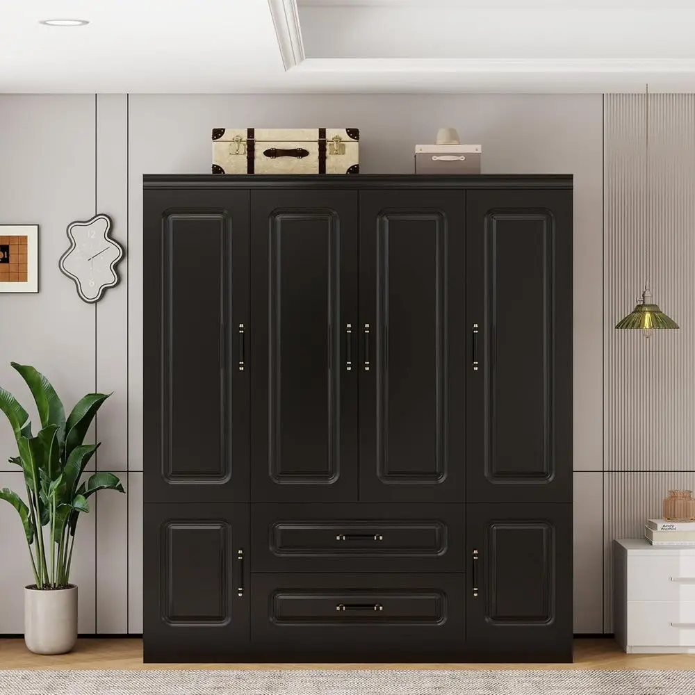 

Wood Wardrobe Closet,Large Storage Cabinet,4 Door Desig,Armoire with 2 Ders and 2 Hanging Rods,Suitable or Bedroom Black(61.42 ”