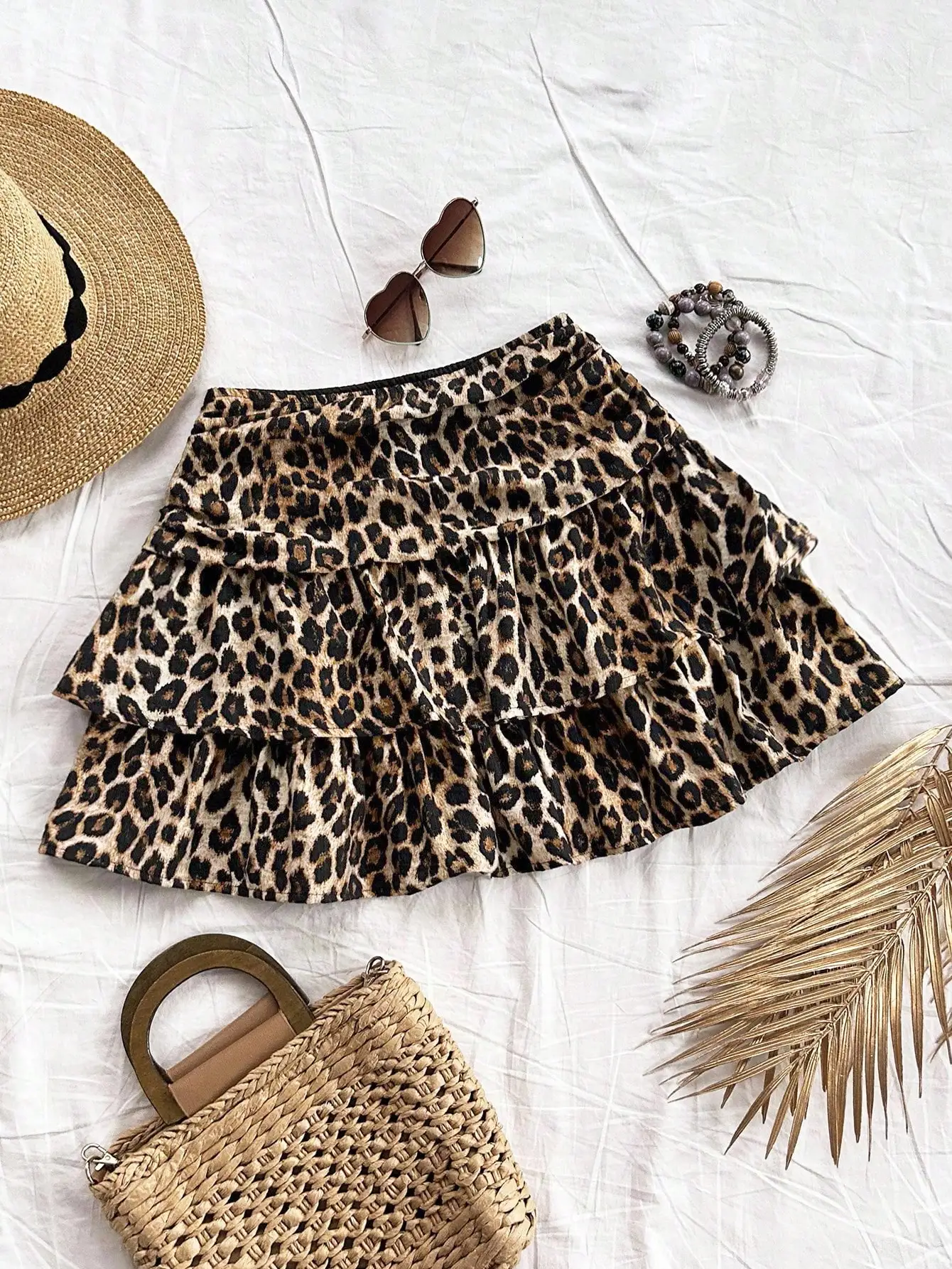 

Женская мини-юбка с леопардовым принтом, двухслойная, с рюшами, повседневная, для лета и осени