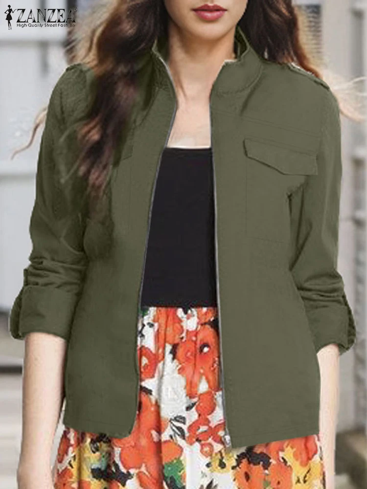 ZANZEA 2024 Mode Jacken Frauen Langarm Stehen Neck Outwear Frühling Herbst Dünne Mäntel Casual Zipper Cargo Tops Arbeit Chaqueta