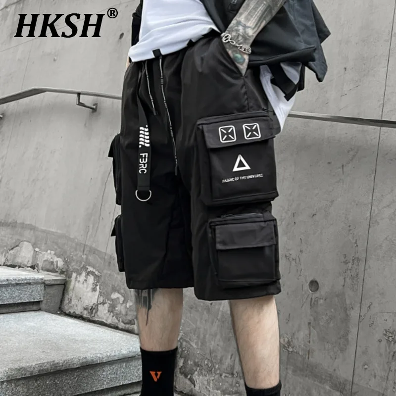 

HKSH Spring Summer New Men's Tactical Letter Drawstring Cargo Pants Shorts Trend Techwear Chic Knee Length Tide Trousers HK0048