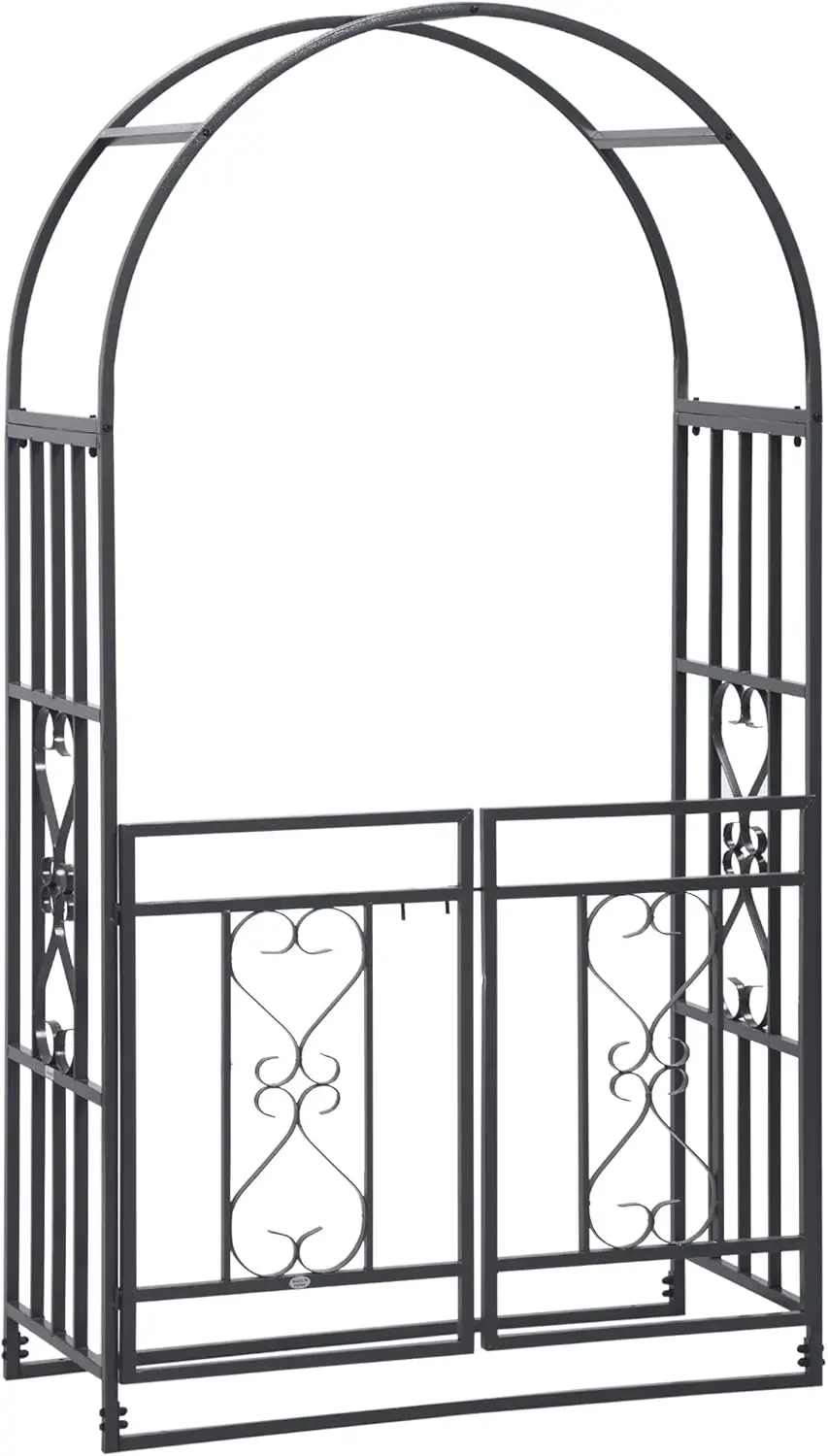 

81" Metal Garden Arbor with Double Doors, Locking Gate, Climbing Vine Frame with Heart Motifs, Arch for Wedding, Bridal Party De