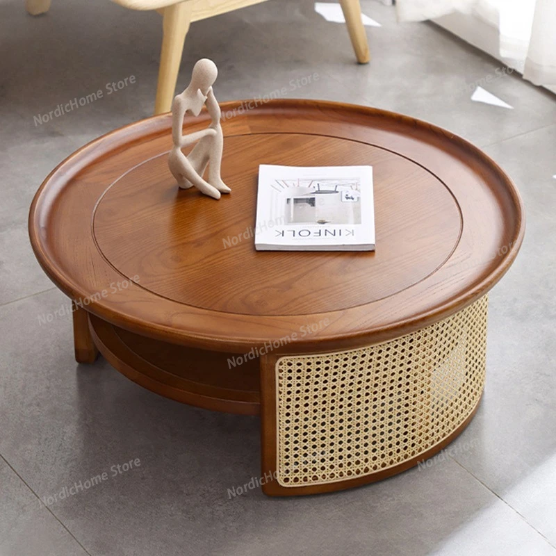 

Japanese Solid Wood Rattan Weaving Retro Coffee Table Nordic Creative Living Room Central Coffee Table Villa Home Furniture FYCT