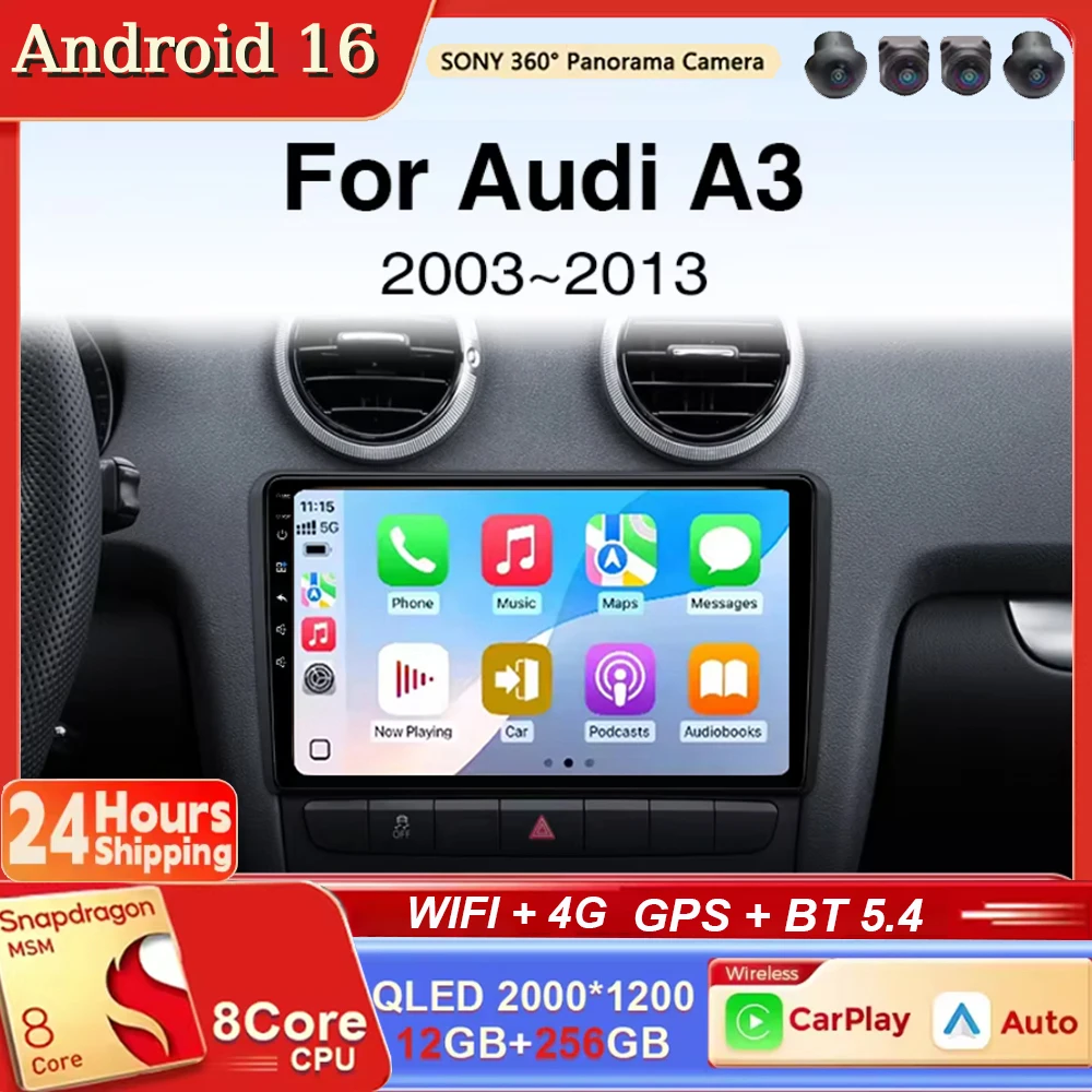 Android 16 Carplay Android auto Car Radio Multimedia Video Player Navigation HeadUnit For Audi A3 8P 2003 - 2013