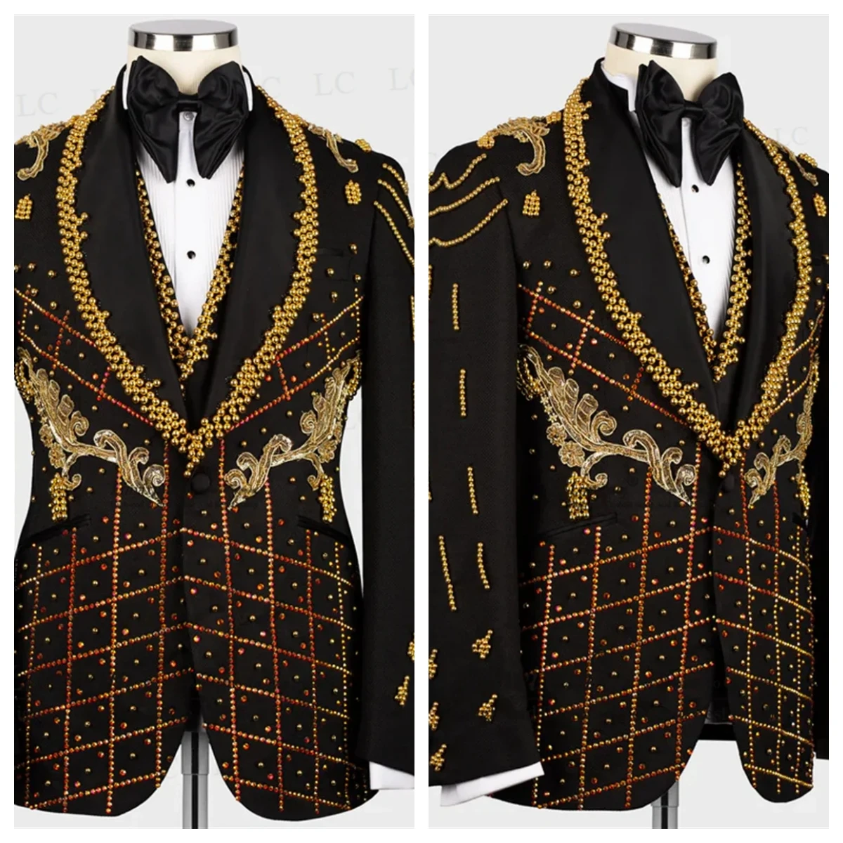 

3 Pieces One Button Blazer Vest Pants Men Suits Beads Pearls Appliques Fashion Tuxedo Slim Wedding Groom Prom Plus Size Customed