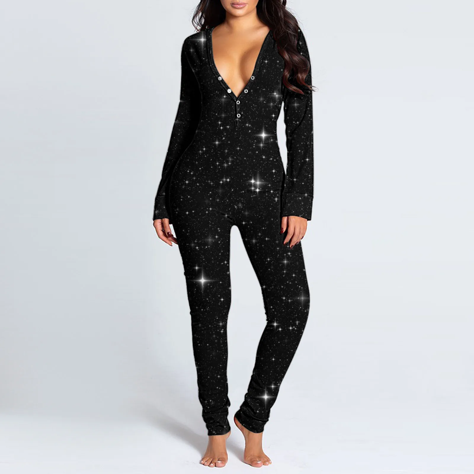 Women\'s Sleepwear Jumpsuit Button-Down Casual Print Functional Long Sleeve Romper Pajamas Set Adult Romper Sexy Onesies Bodysuit