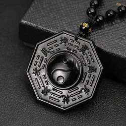 Obsidian Stone Taoism Necklace Black Pendant Chinese Tai Ji Ba Gua Octagon Long Sweater Chain Amulet Mascot Men Taoist Jewelry