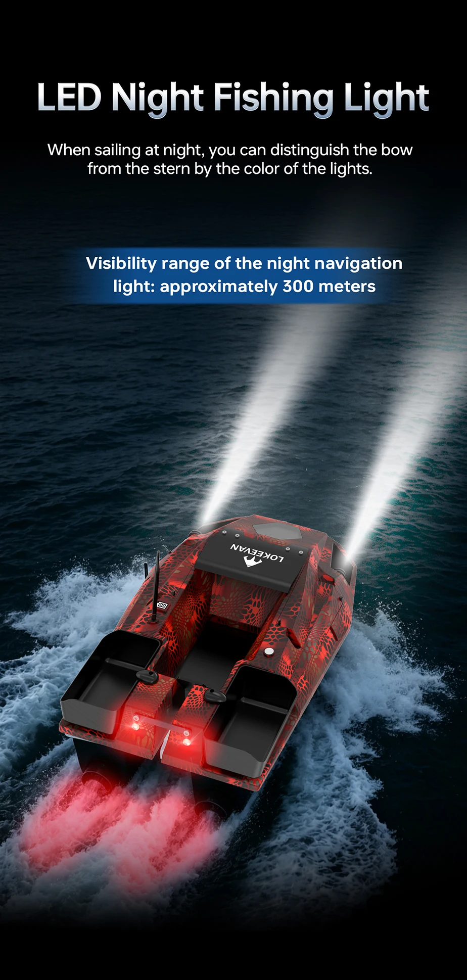LOKEEVAN GPS-Köderboot mit 100 GPS-Standorten, Fischfinder für Tiefe und Wassertemperatur, automatische Rückkehr mit großem Köderbehälter, 2,5 kg Ladekapazität, 15600x2 mAh Köderboot mit 600 m Reichweite. – Detail 11