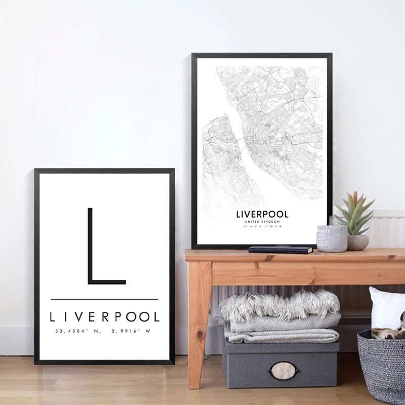 Liverpool City Coordinates Map Prints Black White Wall Art Pictures Housewarming Gift England Map Canvas Painting Office Deco