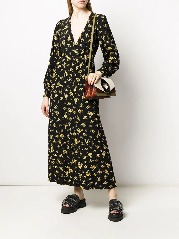 Yellow and black color collision floral long dresses vintage elegant wrap long-sleeved lace-up Slim V-neck slit women's dress