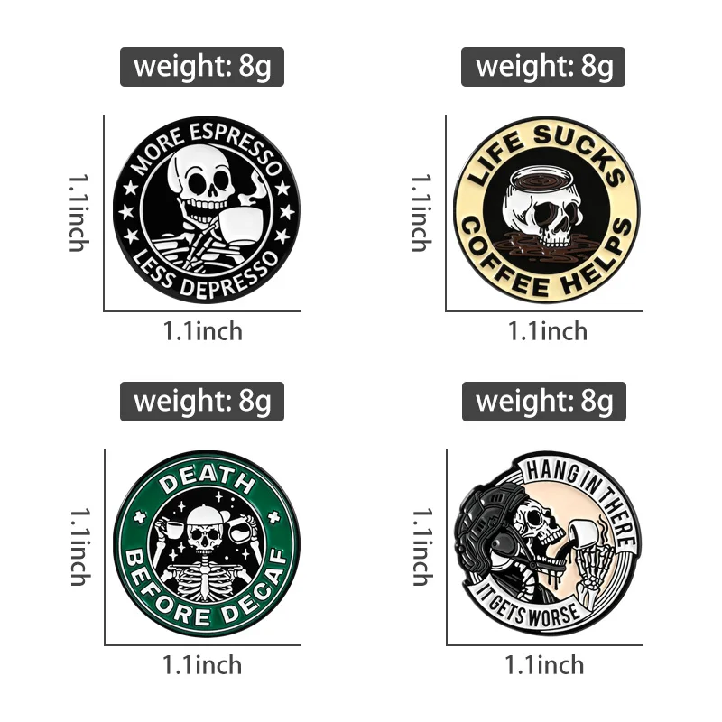 Punk Skull Coffee Brooch Enamel Pins Black Humor More Espresso Less Depresso Life Sucks Coffee Helps Brooches Lapel Badge Gifts