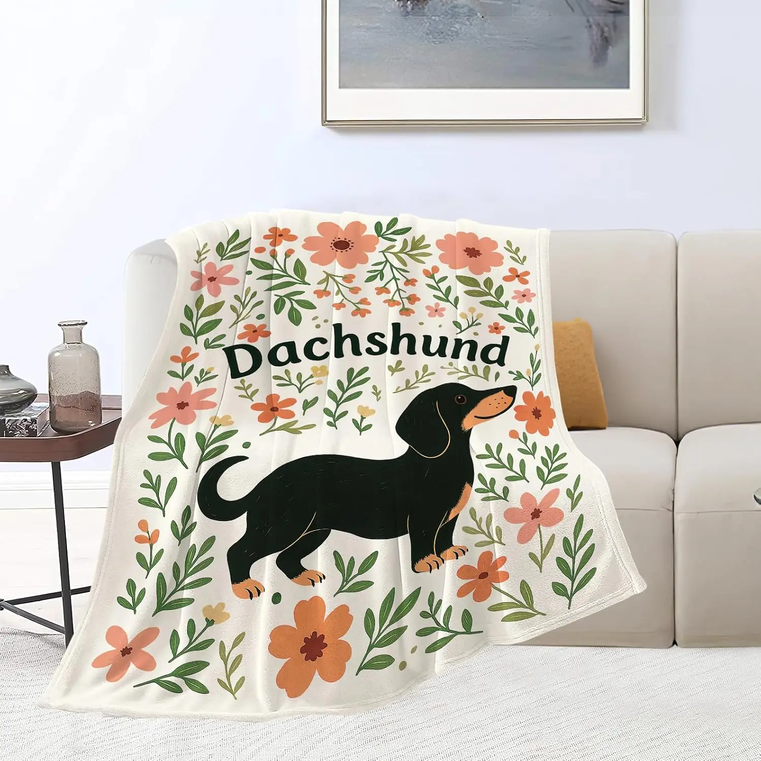 Cute Sausage Dog Floral Frame Green Leaf Text Pattern Flannel Throw Blanket, Warm Cozy Blanket, Pet Dog Cottagecore Room Gift